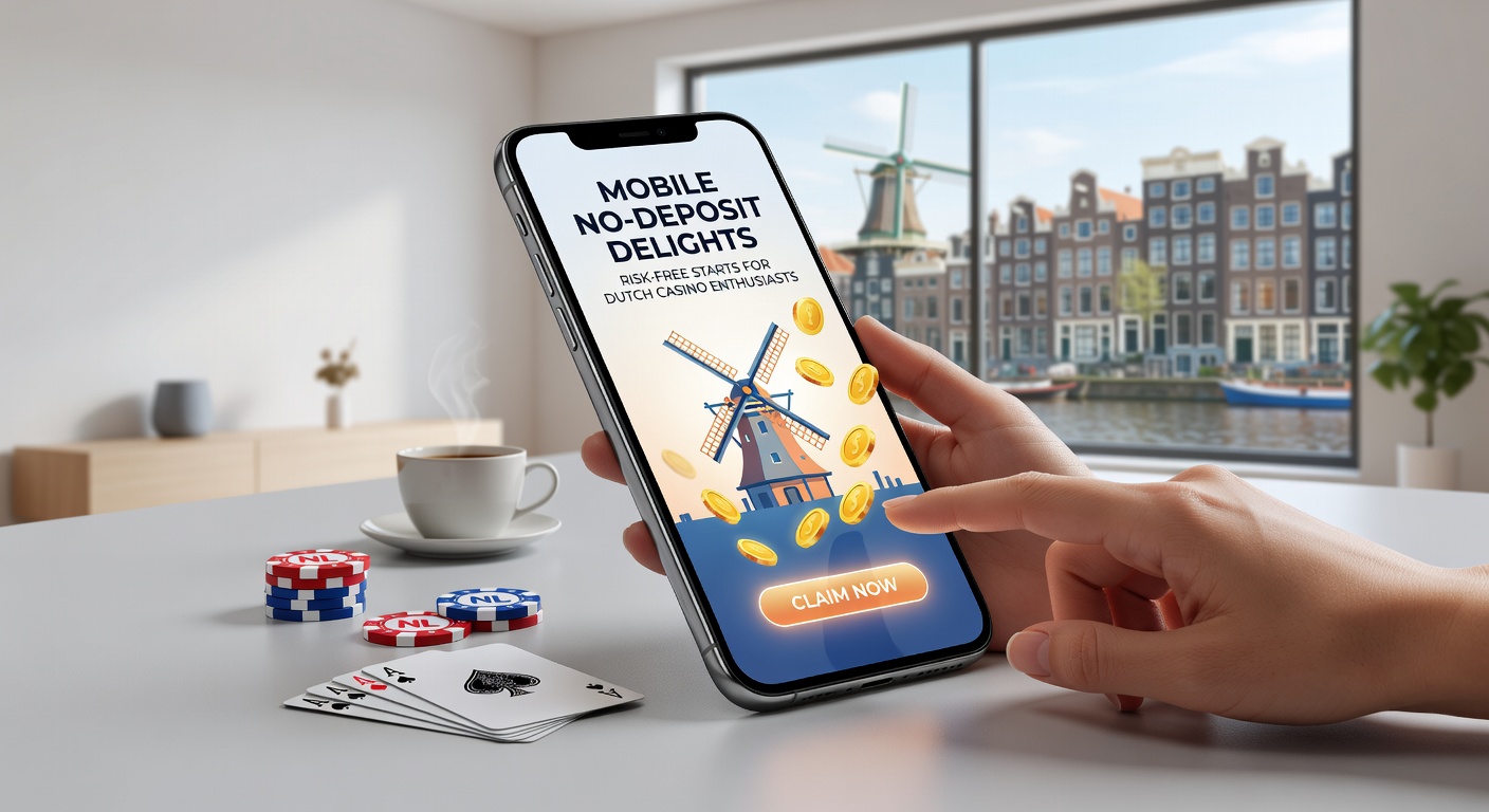 Nederlandse speler met telefoon in hand, genietend van no-deposit slots in een modern casino-app op een zonnige dag