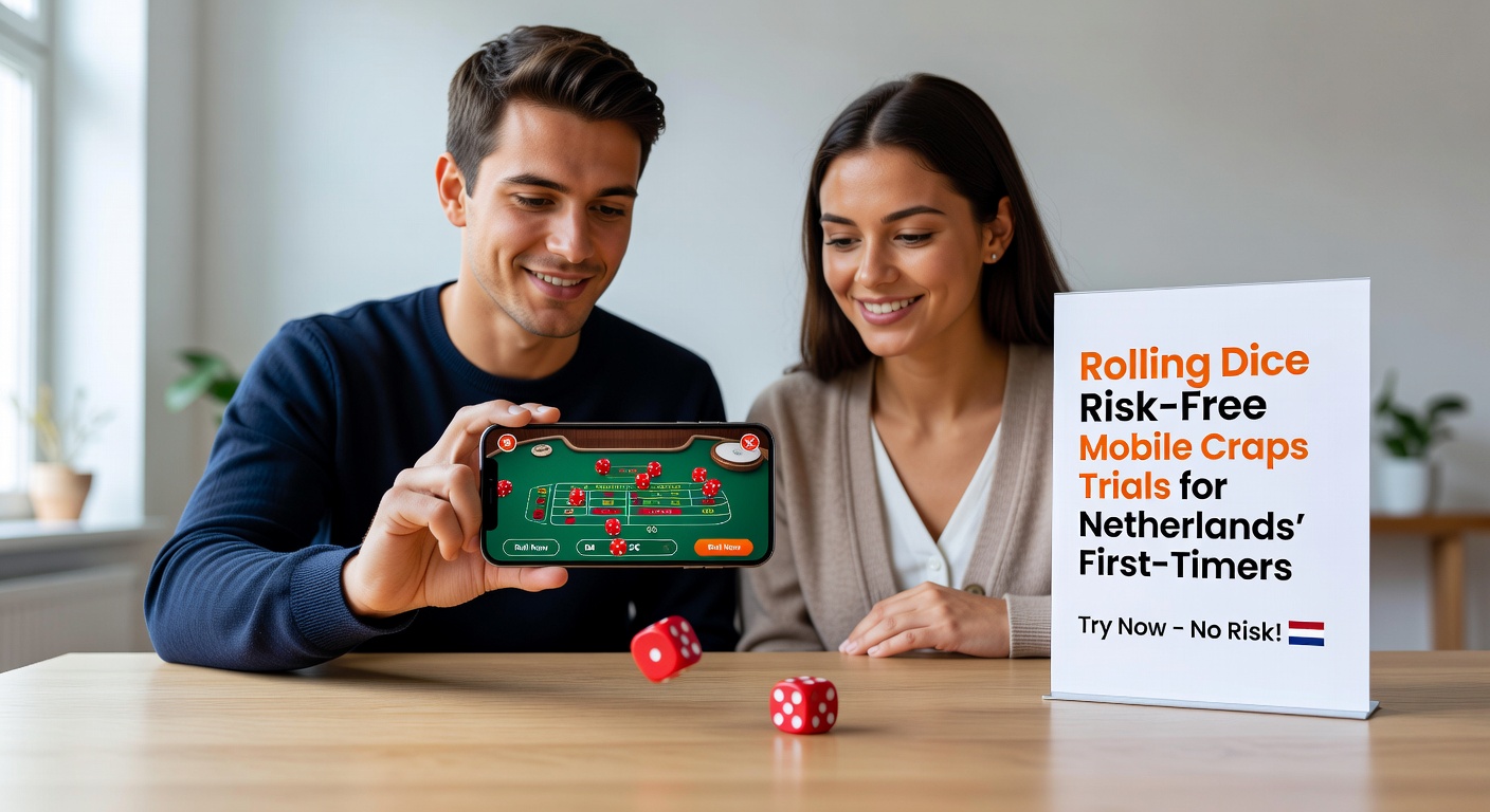 Close-up van dobbelstenen die rollen op een digitaal craps-tafel, met Nederlandse vlag en mobiel icoon voor lokale relevantie